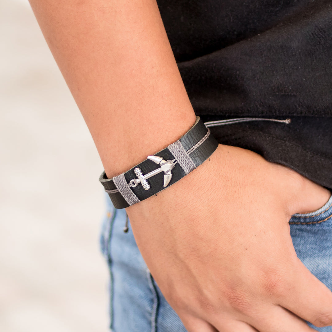Men's Black Leather Stainless Steel Anchor Pendant Bracelet - High Seas Anchor