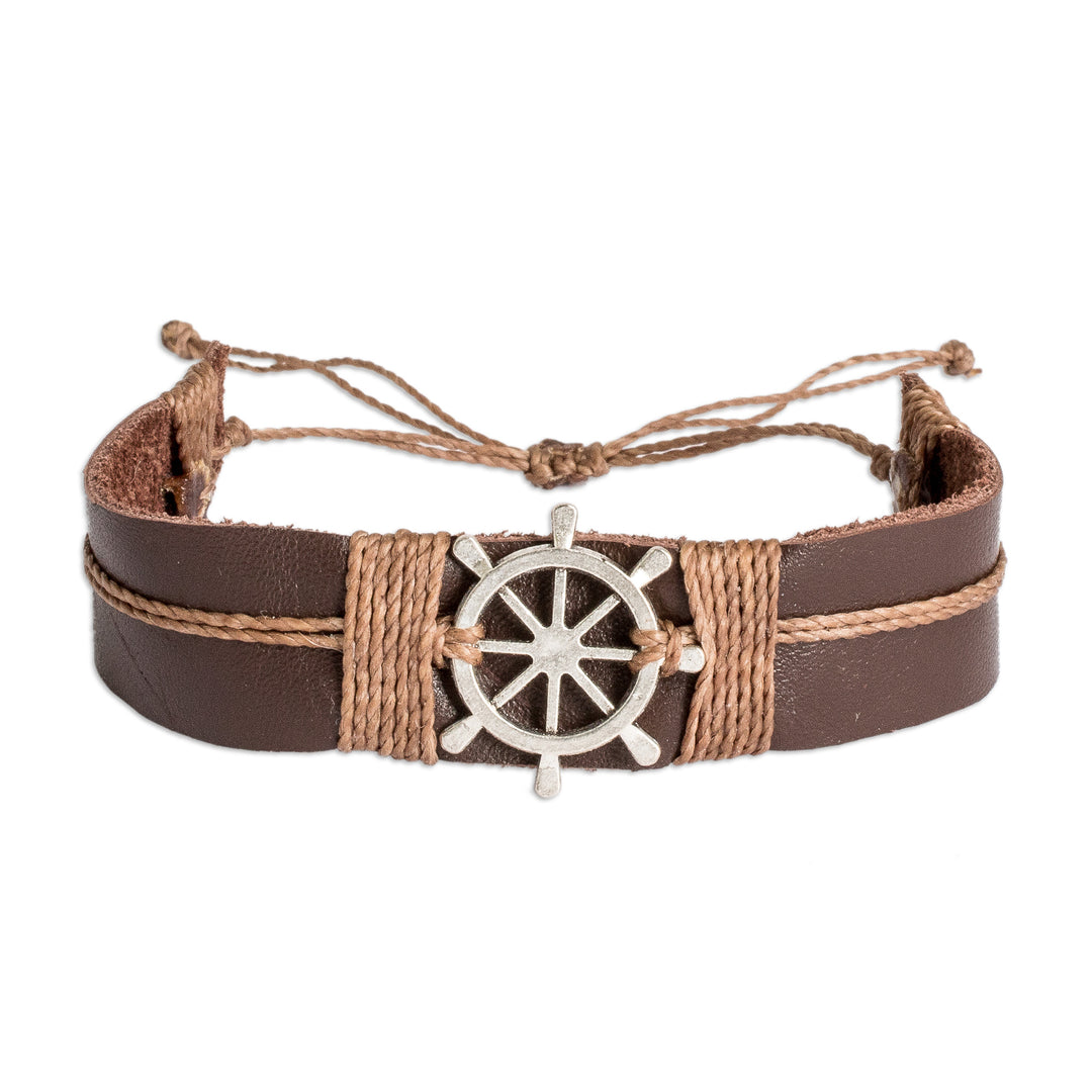 Men's Leather and Stainless Steel Helmsman Pendant Bracelet - High Seas Helmsman
