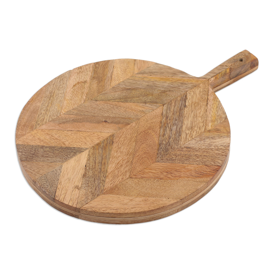 Handcrafted Chevron-Patterned Round Mango Wood Cheese Board - Chevron Delicacies