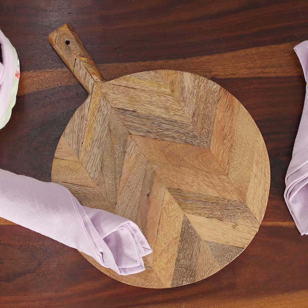 Handcrafted Chevron-Patterned Round Mango Wood Cheese Board - Chevron Delicacies