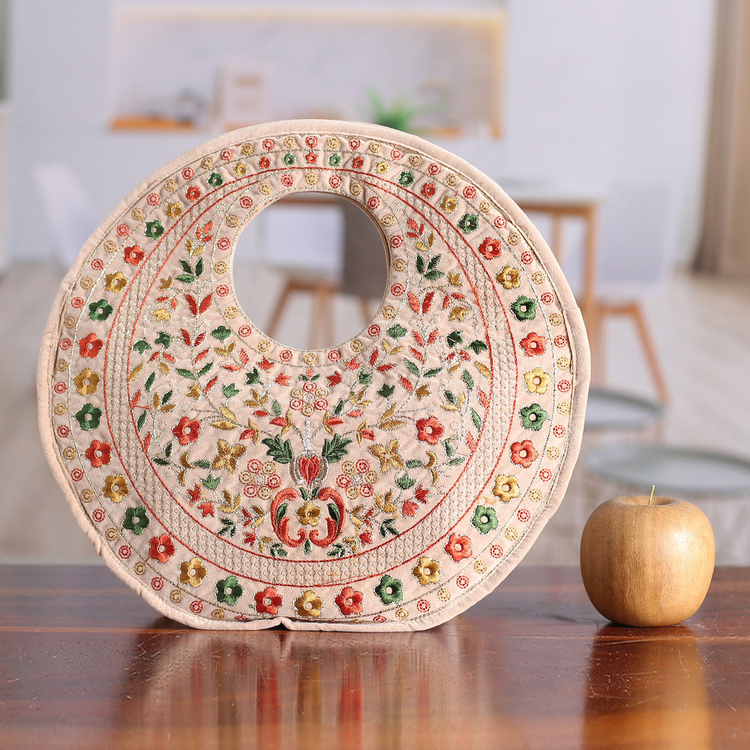 Floral Rayon Embroidered Orange and Beige Handle Bag - Tender Jaipur