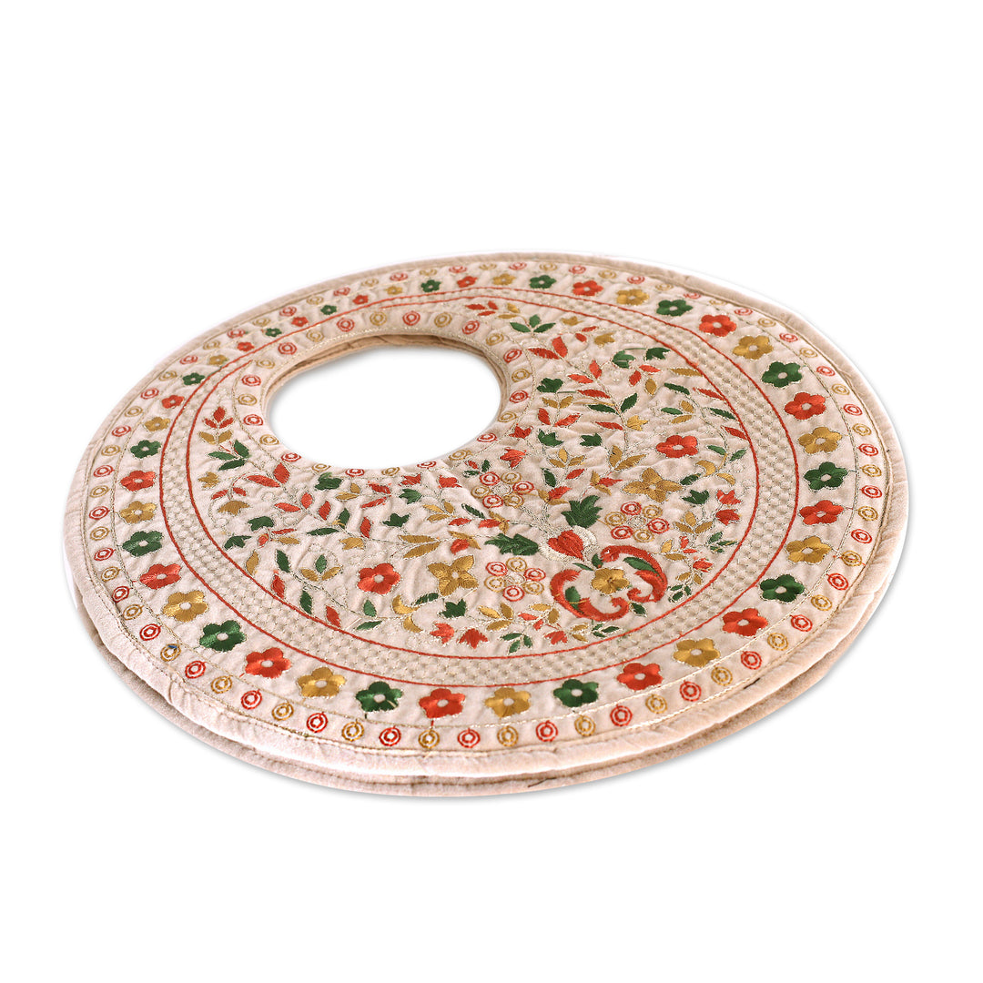 Floral Rayon Embroidered Orange and Beige Handle Bag - Tender Jaipur