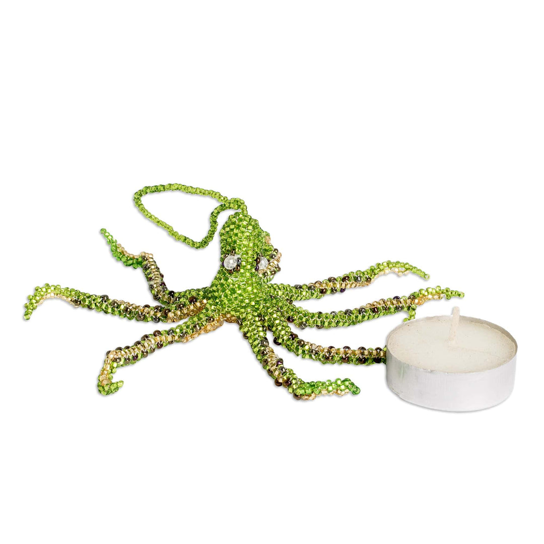 Crystal and Glass Beaded Green-Hued Octopus-Themed Ornament - Green Aquatic Life
