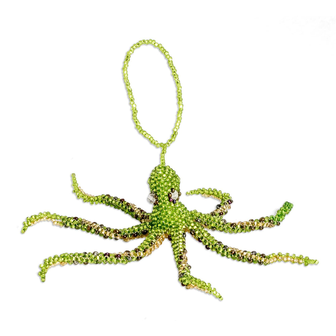 Crystal and Glass Beaded Green-Hued Octopus-Themed Ornament - Green Aquatic Life