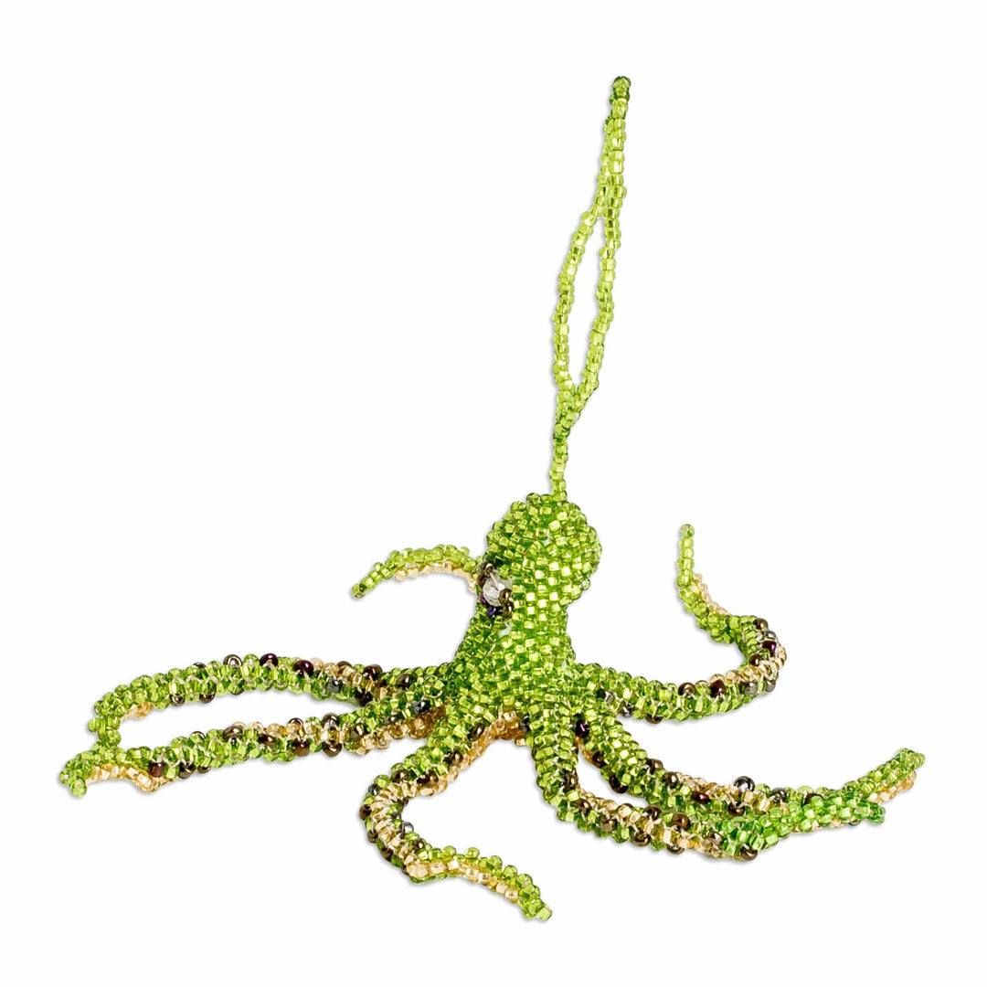 Crystal and Glass Beaded Green-Hued Octopus-Themed Ornament - Green Aquatic Life