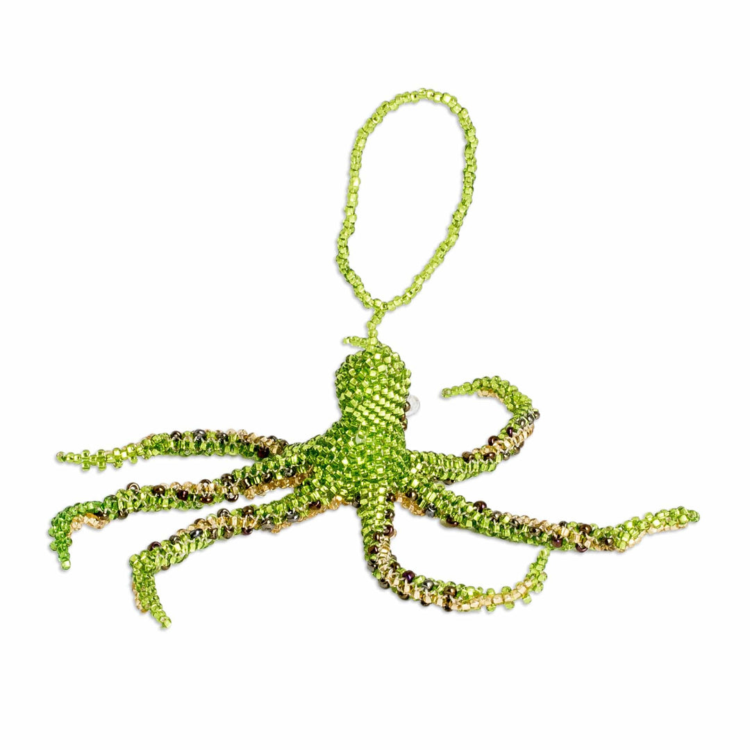 Crystal and Glass Beaded Green-Hued Octopus-Themed Ornament - Green Aquatic Life
