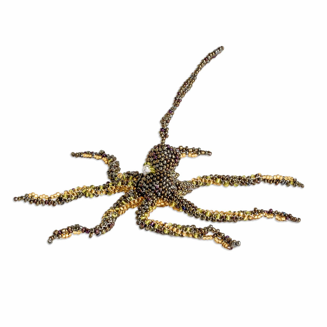 Crystal and Glass Beaded Bronze-Hued Octopus-Themed Ornament - Bronze Aquatic Life