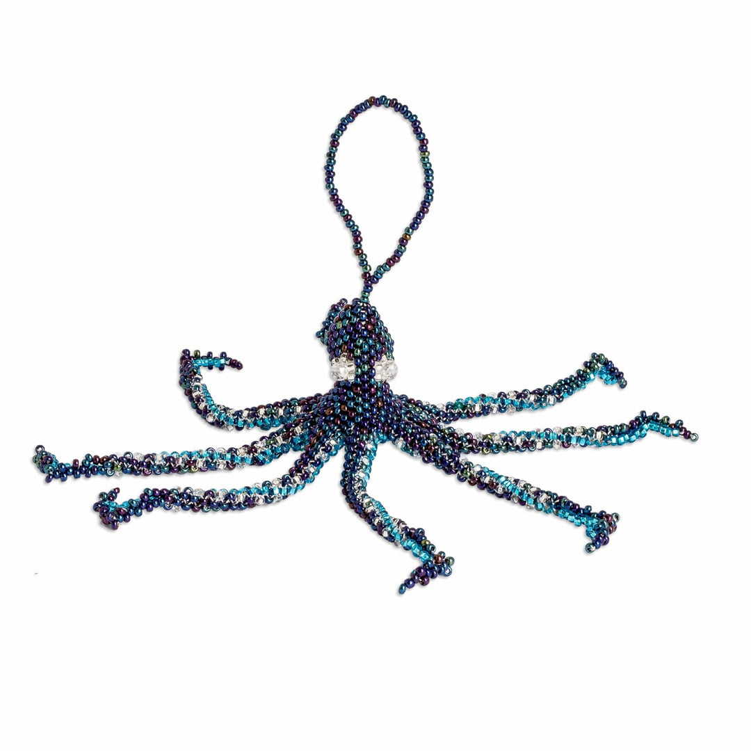 Crystal and Glass Beaded Blue-Hued Octopus-Themed Ornament - Blue Aquatic Life