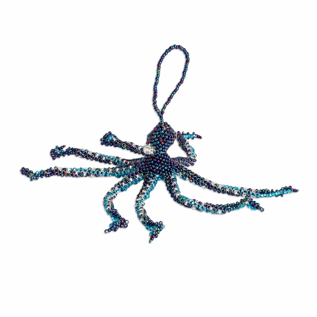 Crystal and Glass Beaded Blue-Hued Octopus-Themed Ornament - Blue Aquatic Life