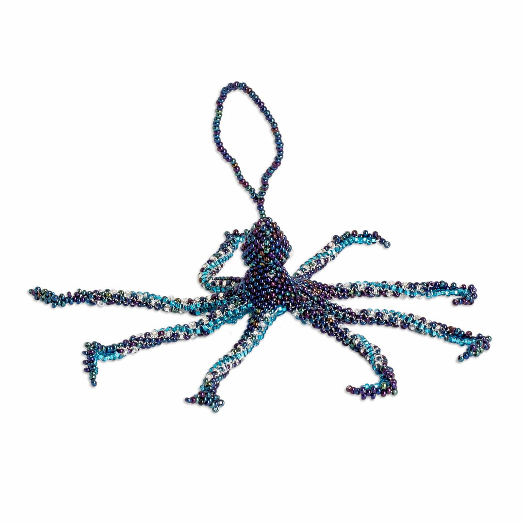 Crystal and Glass Beaded Blue-Hued Octopus-Themed Ornament - Blue Aquatic Life