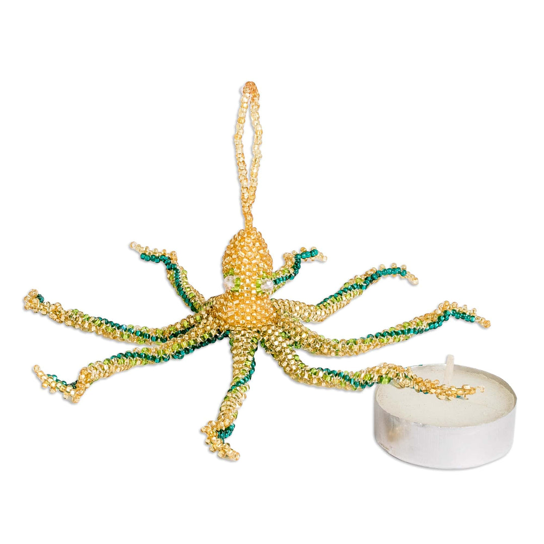Crystal and Glass Beaded Golden-Hued Octopus-Themed Ornament - Golden Aquatic Life