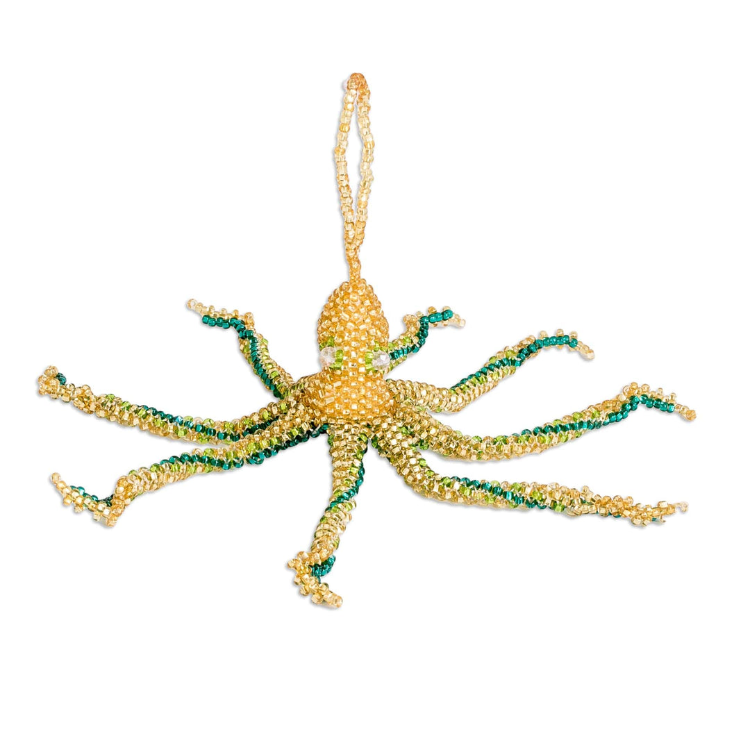 Crystal and Glass Beaded Golden-Hued Octopus-Themed Ornament - Golden Aquatic Life