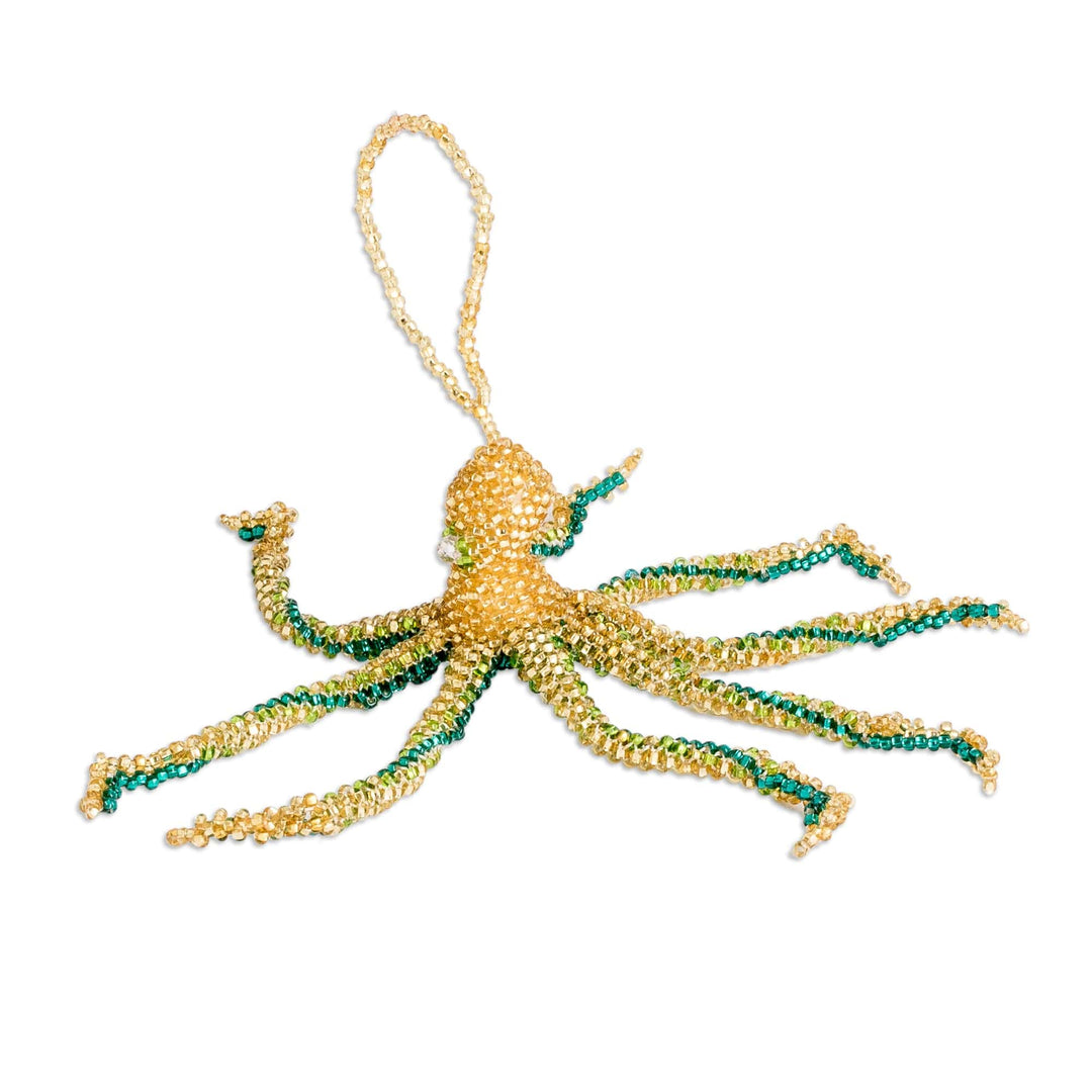 Crystal and Glass Beaded Golden-Hued Octopus-Themed Ornament - Golden Aquatic Life