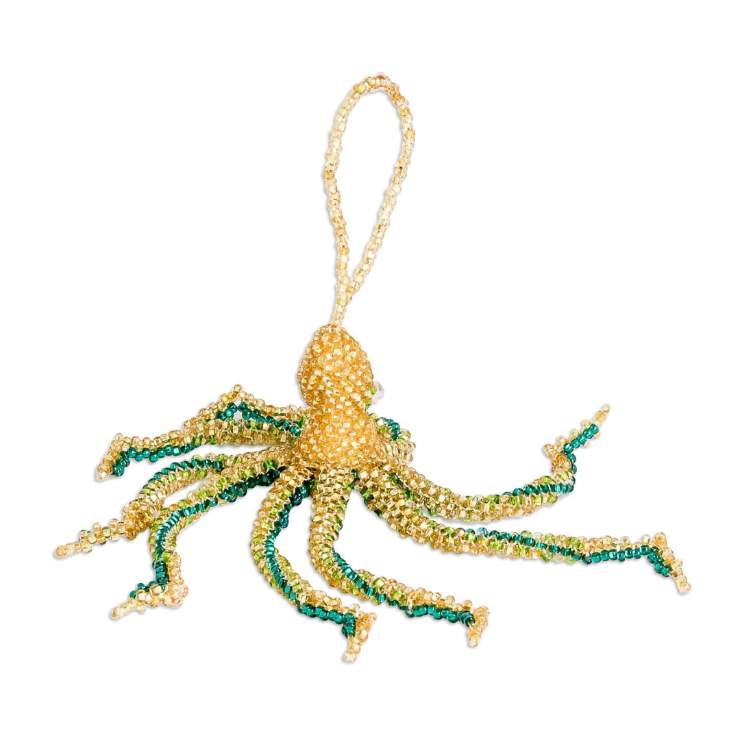 Crystal and Glass Beaded Golden-Hued Octopus-Themed Ornament - Golden Aquatic Life