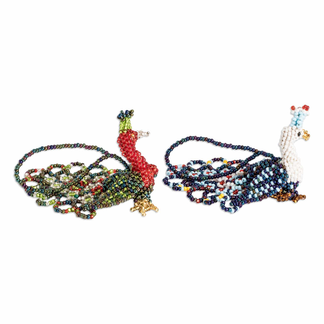 Pair of Glass Beaded Peacock-Themed Ornaments from Guatemala - Peacock Splendor
