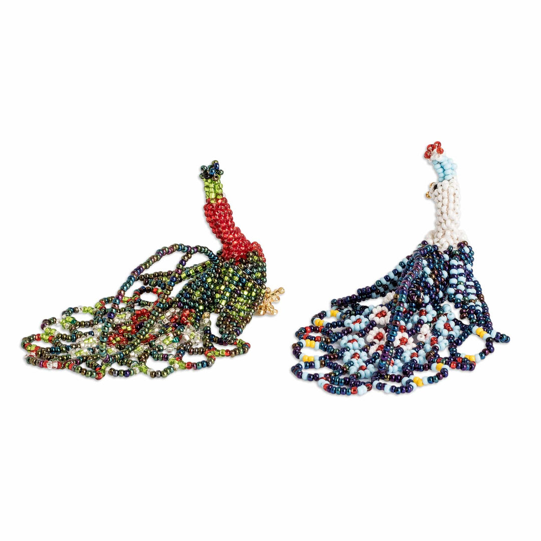 Pair of Glass Beaded Peacock-Themed Ornaments from Guatemala - Peacock Splendor