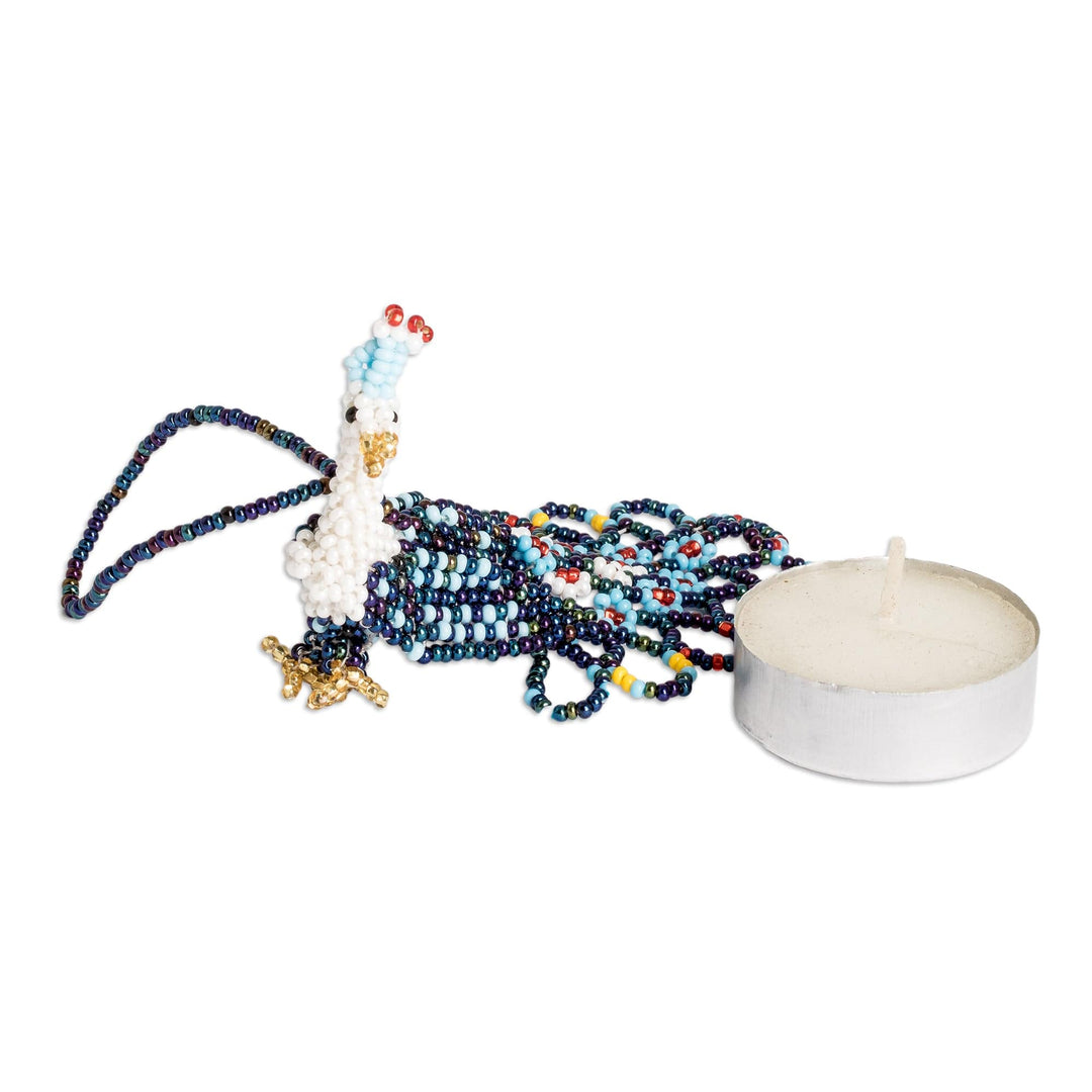 Glass Beaded Peacock-Themed Ornament in Blue and White - Blue Peacock Splendor