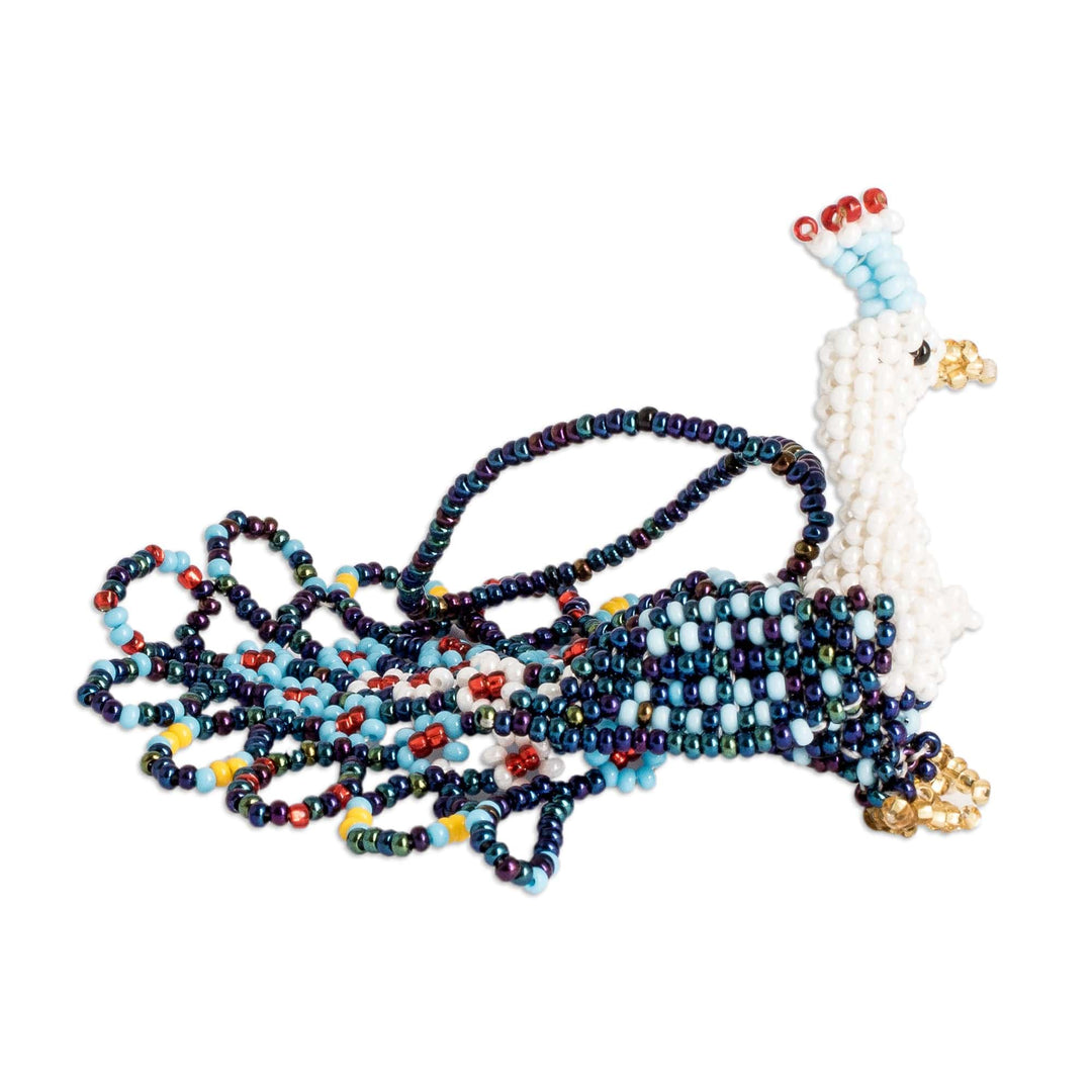Glass Beaded Peacock-Themed Ornament in Blue and White - Blue Peacock Splendor