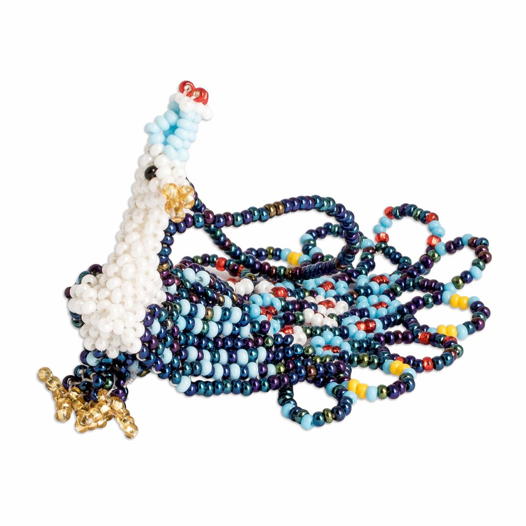 Glass Beaded Peacock-Themed Ornament in Blue and White - Blue Peacock Splendor