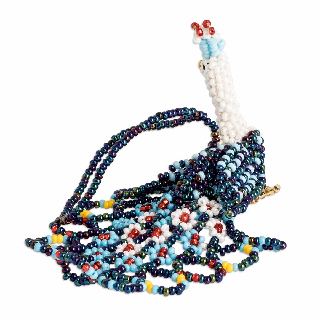 Glass Beaded Peacock-Themed Ornament in Blue and White - Blue Peacock Splendor