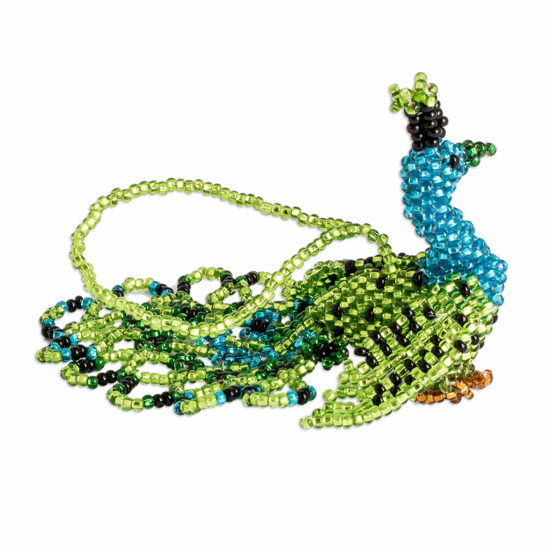 Glass Beaded Peacock-Themed Ornament in Green and Blue - Green Real Beauty