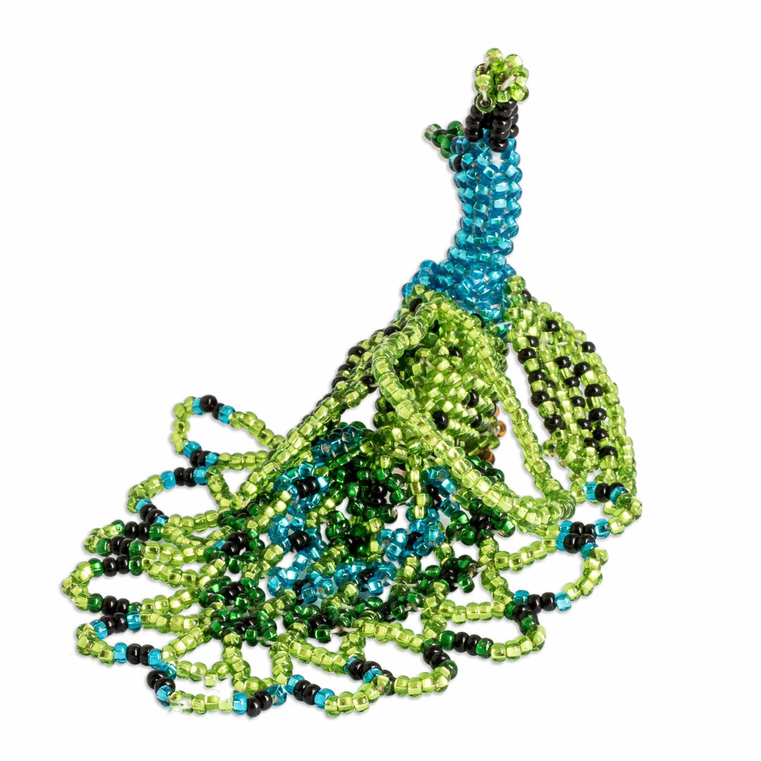 Glass Beaded Peacock-Themed Ornament in Green and Blue - Green Real Beauty
