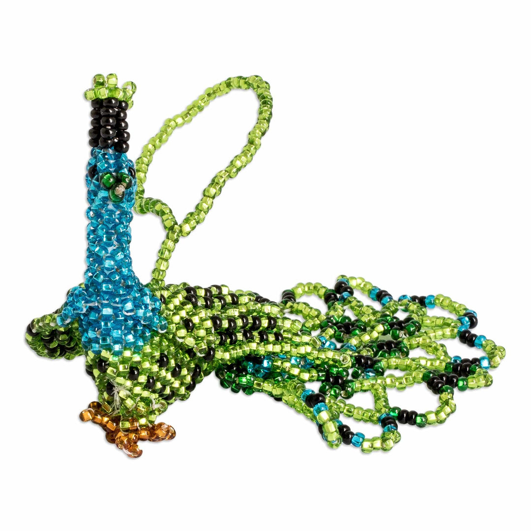 Glass Beaded Peacock-Themed Ornament in Green and Blue - Green Real Beauty
