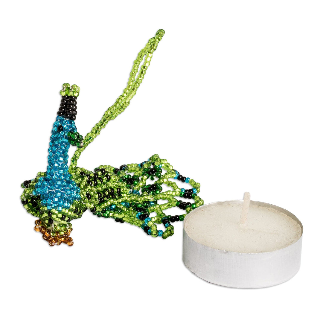 Glass Beaded Peacock-Themed Ornament in Green and Blue - Green Real Beauty