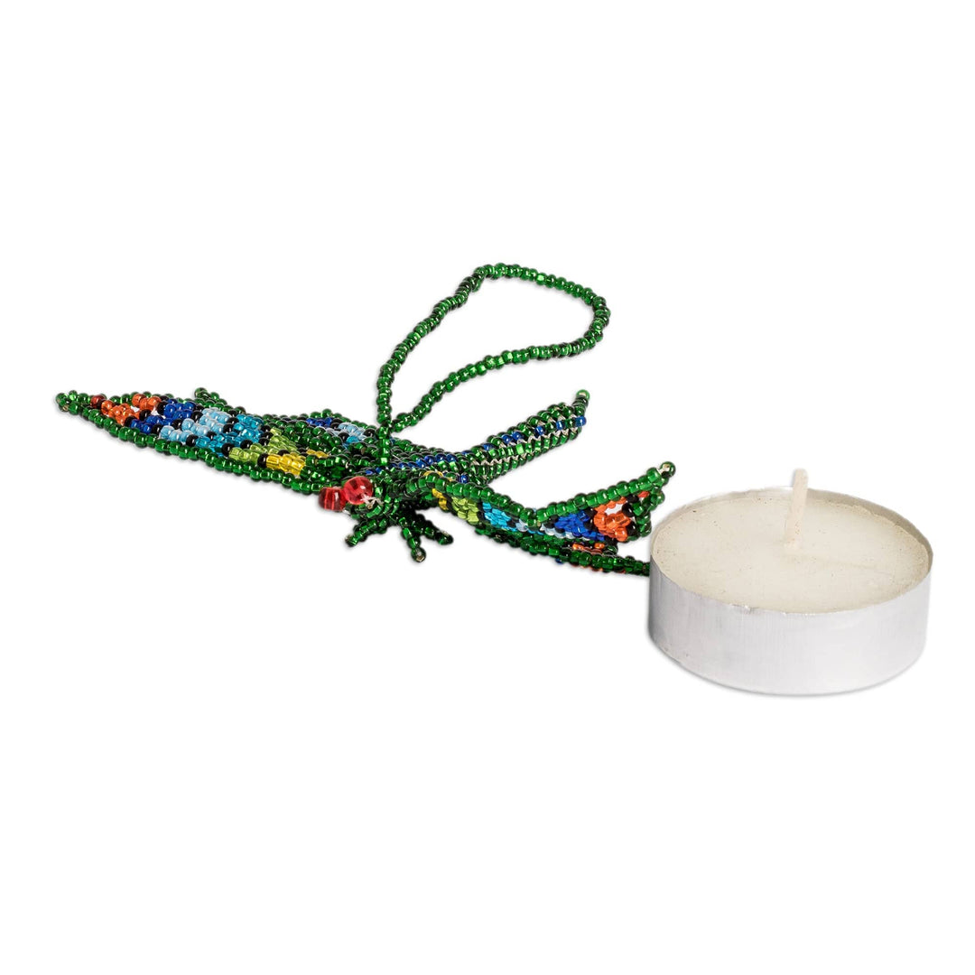 Glass Beaded Dragonfly Ornament in Green Hue from Guatemala - Green Free Flight