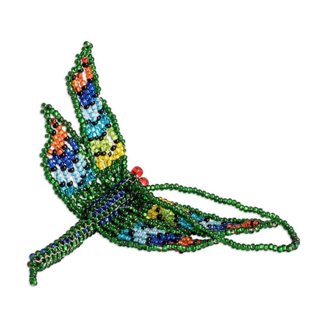 Glass Beaded Dragonfly Ornament in Green Hue from Guatemala - Green Free Flight