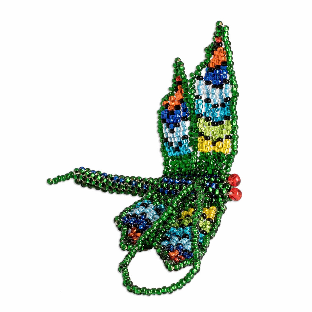 Glass Beaded Dragonfly Ornament in Green Hue from Guatemala - Green Free Flight