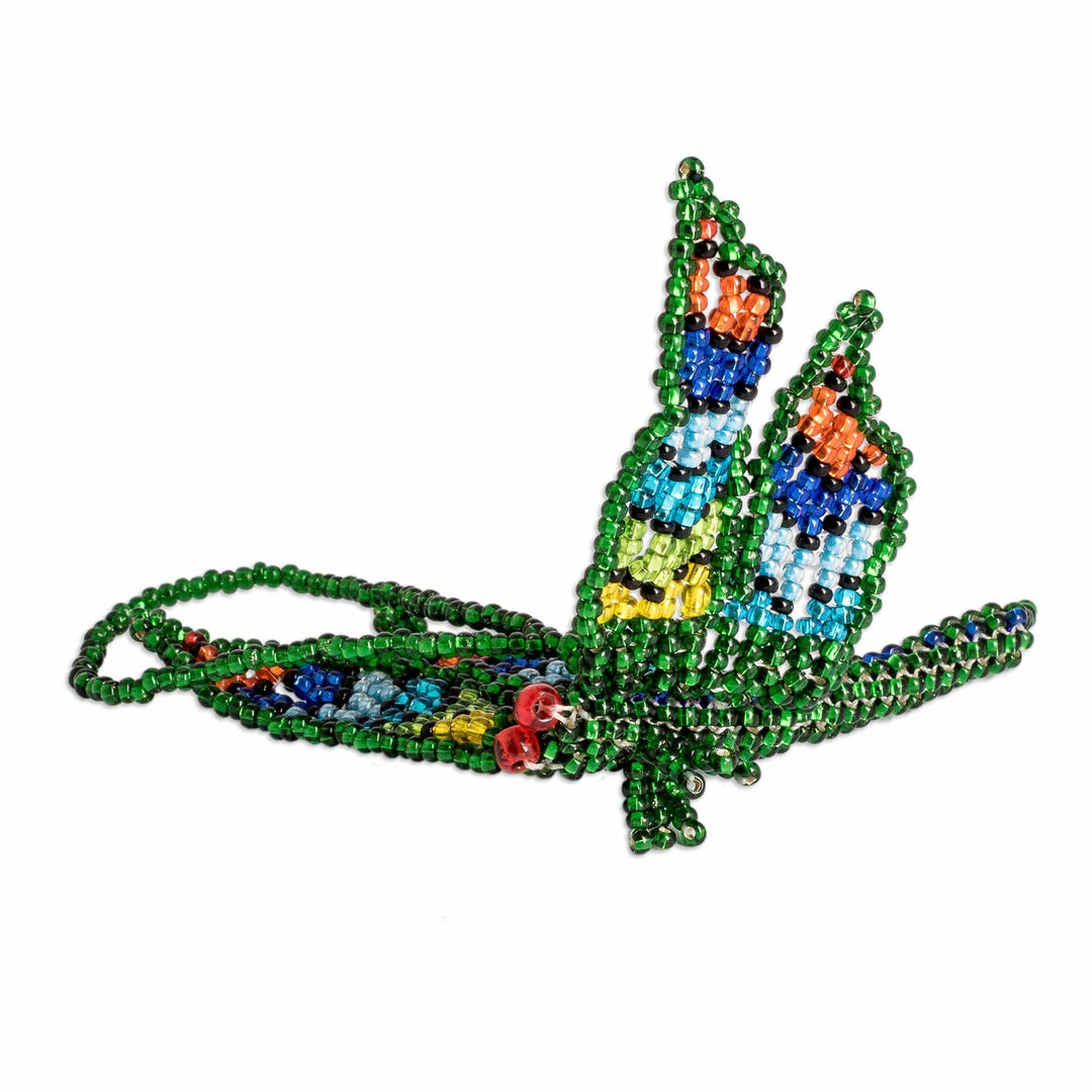 Glass Beaded Dragonfly Ornament in Green Hue from Guatemala - Green Free Flight