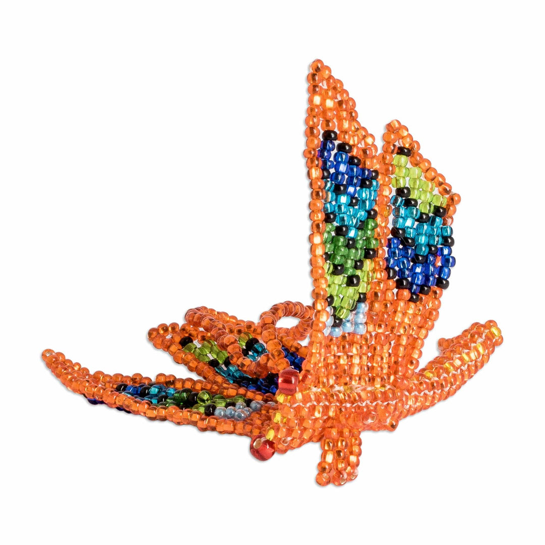 Glass Beaded Dragonfly Ornament in Orange Hue from Guatemala - Orange Free Flight
