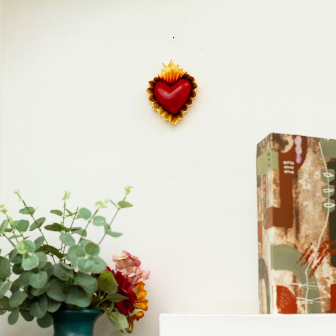 Red and Golden Pinewood Christian Heart Wall Accent - Consecrated Heart