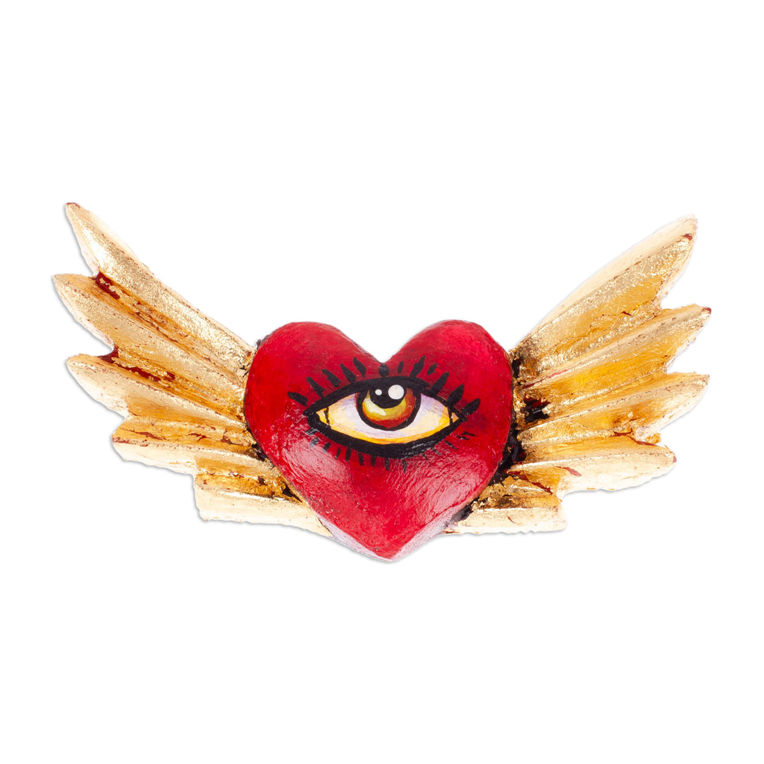 Winged Heart-Shaped Red and Golden Pinewood Magnet - Sacred Gaze