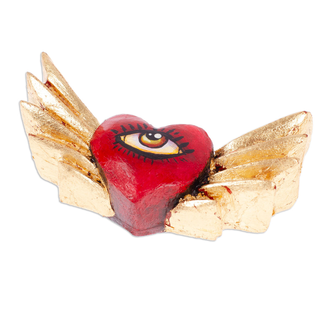Winged Heart-Shaped Red and Golden Pinewood Magnet - Sacred Gaze