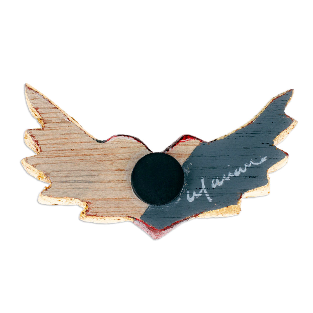 Winged Heart-Shaped Red and Golden Pinewood Magnet - Sacred Gaze