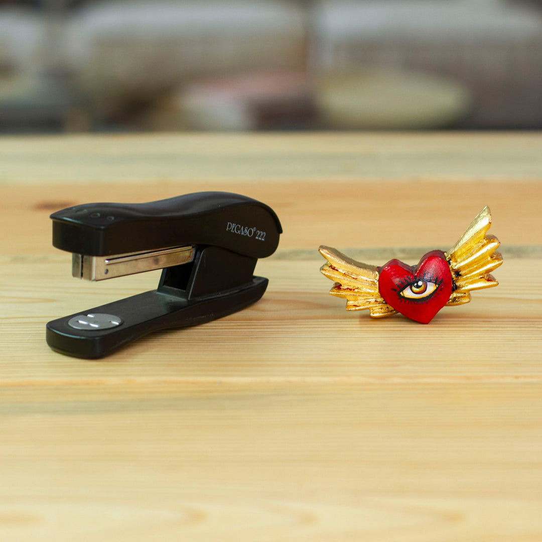 Winged Heart-Shaped Red and Golden Pinewood Magnet - Sacred Gaze