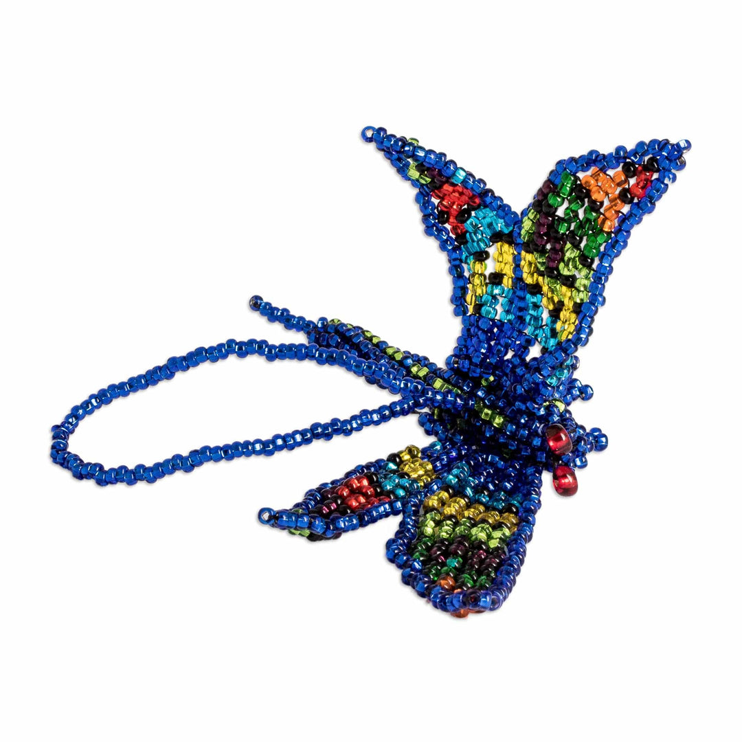 Glass Beaded Dragonfly Ornament in Blue Shade from Guatemala - Blue Free Flight