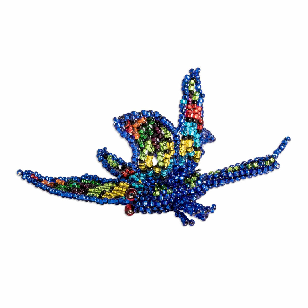 Glass Beaded Dragonfly Ornament in Blue Shade from Guatemala - Blue Free Flight