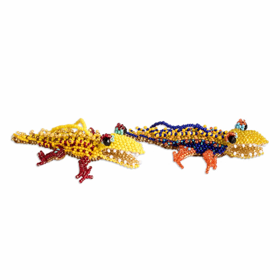 Two Glass Beaded Crocodile-Themed Ornaments from Guatemala - Ferocious Friends