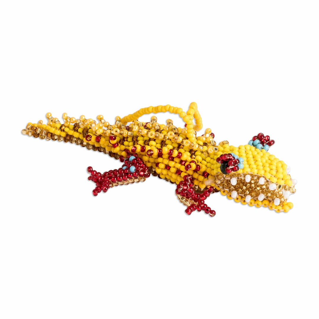 Glass Beaded Crocodile-Themed Ornament in Yellow and Red - Vibrant Ferocious Friend