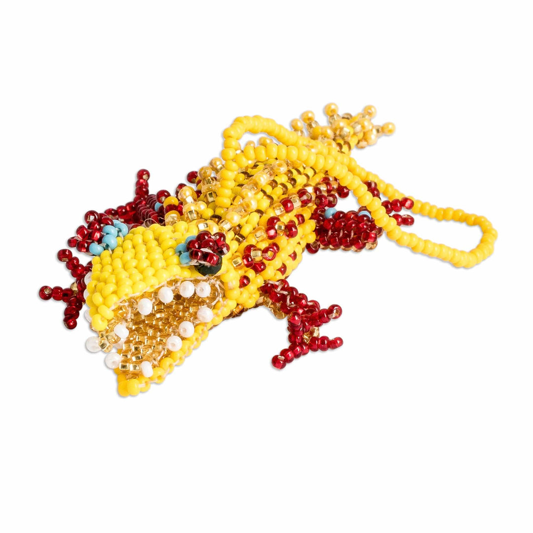 Glass Beaded Crocodile-Themed Ornament in Yellow and Red - Vibrant Ferocious Friend