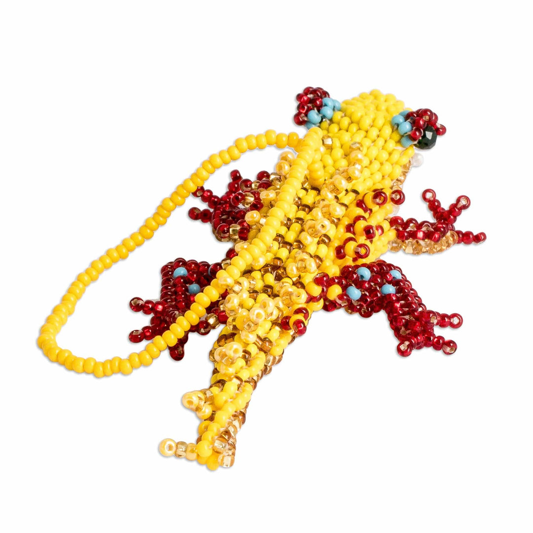 Glass Beaded Crocodile-Themed Ornament in Yellow and Red - Vibrant Ferocious Friend