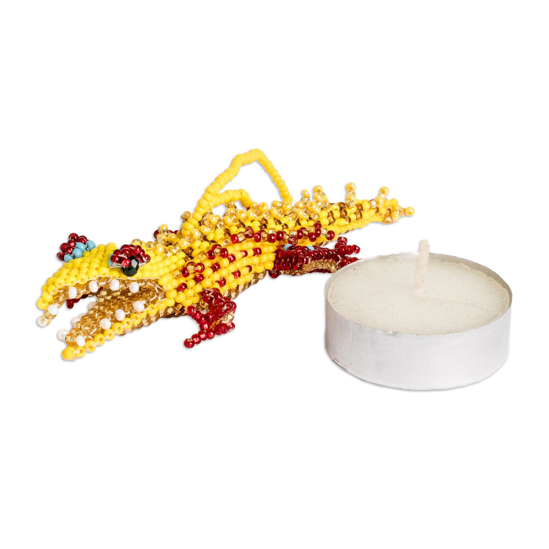 Glass Beaded Crocodile-Themed Ornament in Yellow and Red - Vibrant Ferocious Friend