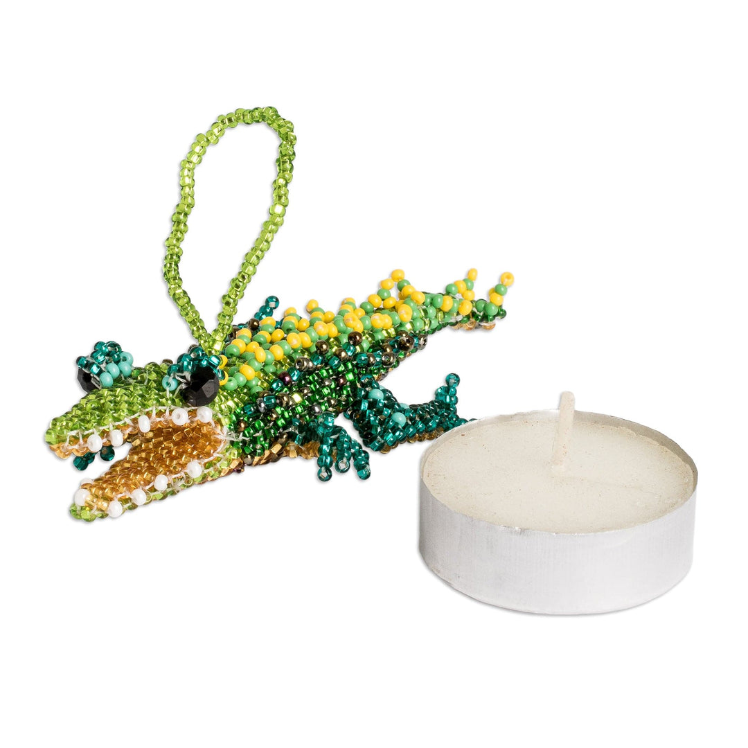 Pair of Glass Beaded Crocodile Ornaments from Guatemala - Green Ferocious Friends