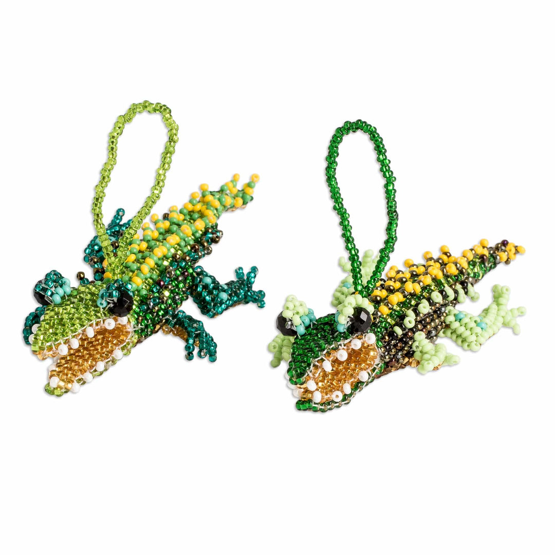 Pair of Glass Beaded Crocodile Ornaments from Guatemala - Green Ferocious Friends