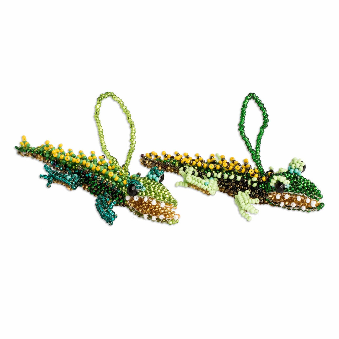 Pair of Glass Beaded Crocodile Ornaments from Guatemala - Green Ferocious Friends