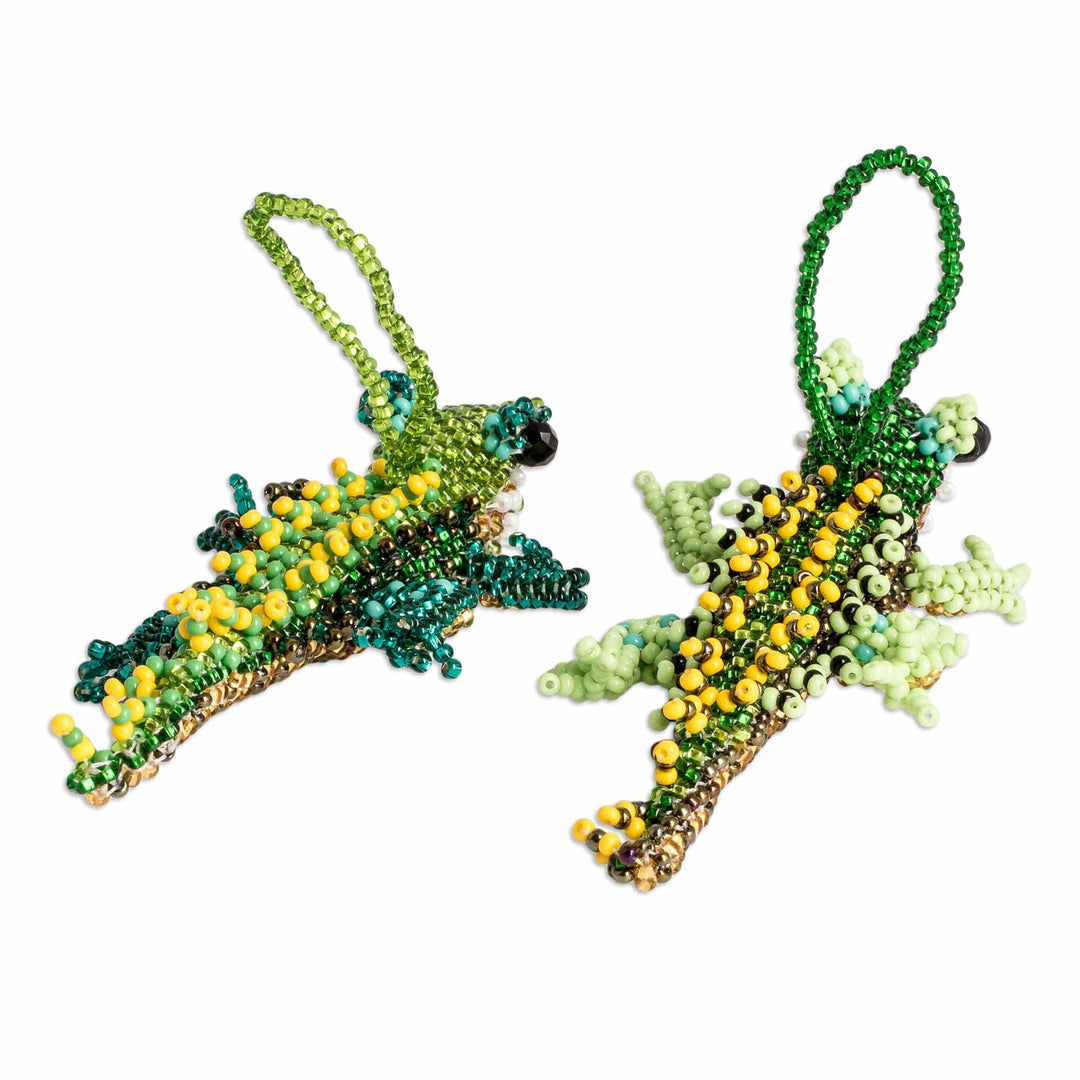 Pair of Glass Beaded Crocodile Ornaments from Guatemala - Green Ferocious Friends