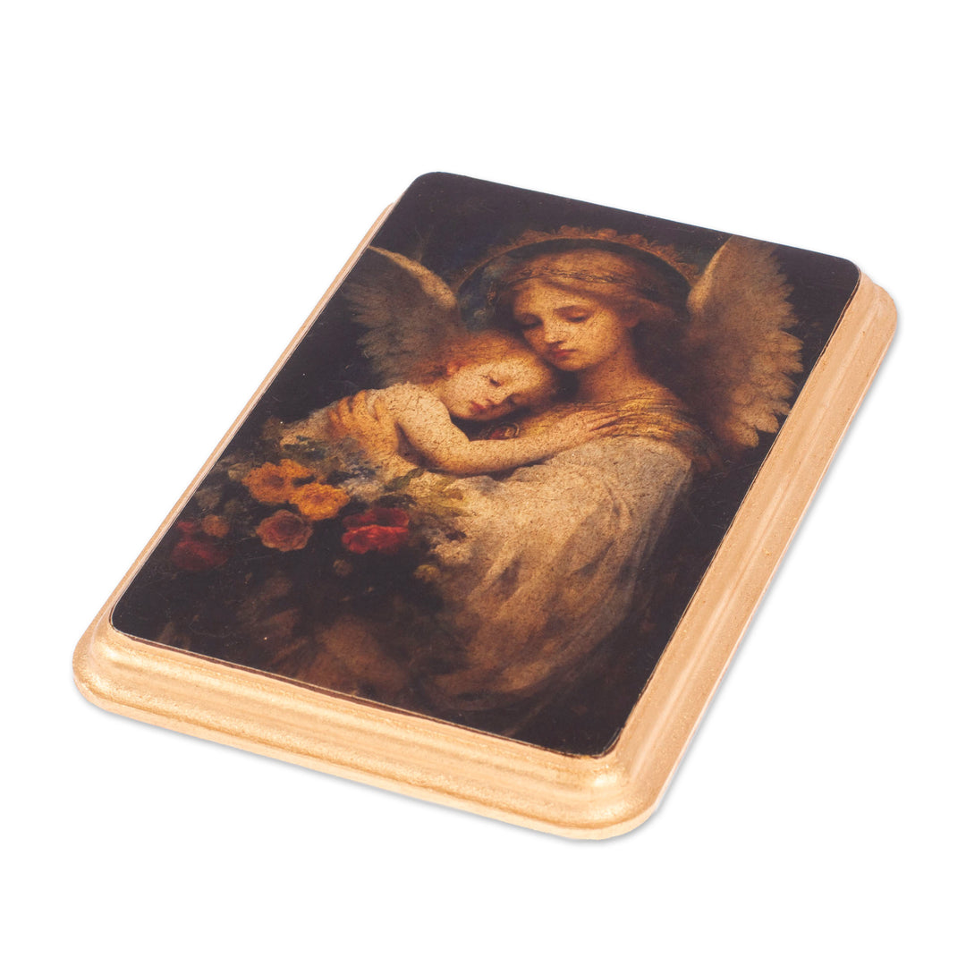 Decoupage on Pinewood Antique Wall Plaque of Angel and Child - Angel and Child